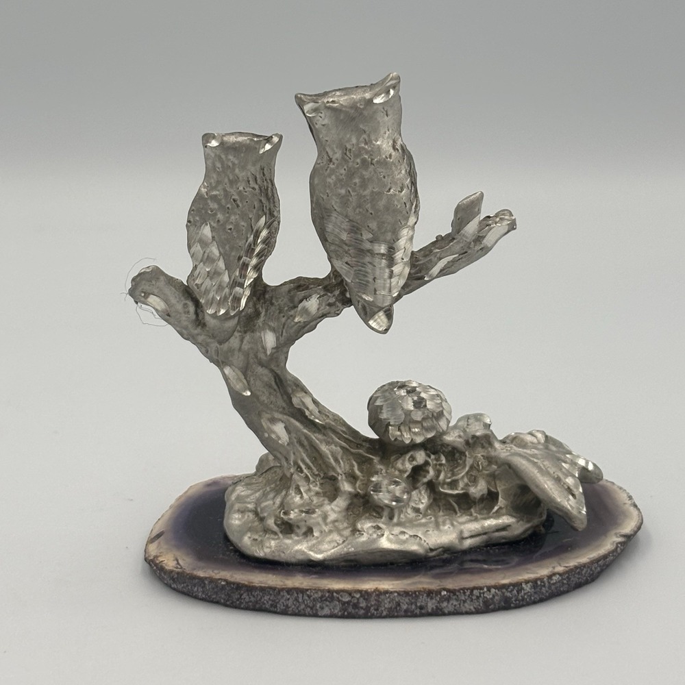 Vintage Pewter Owls On Branch with Mushrooms Figure on Purple Agate - Picture 13 of 16